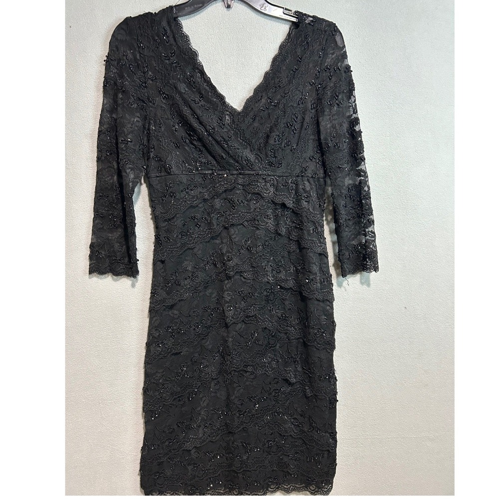 Marina Petite Black Lace Beaded V Neck Sheath Dress‎ Size 8P Party Evening